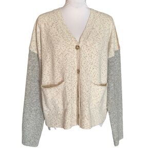 Bohme Speckled Color Block V-Neck Cardigan in Cream/Tan/Grey Sz M